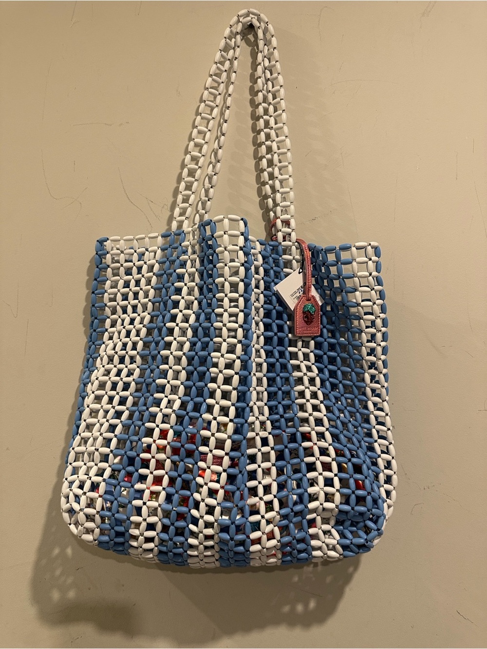 Kurt Geiger Blue and White Woven Tote with Pink Tag